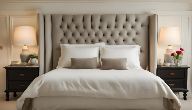 białe łóżko z białym głównym deskiem i dwoma białymi poduszkami
