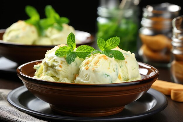Białe łyżki lodów w glinianym garnku Lody pistacjowe z liściem mięty Porcja lodów na talerzu na drewnianym stole Restauracja serwuje lody