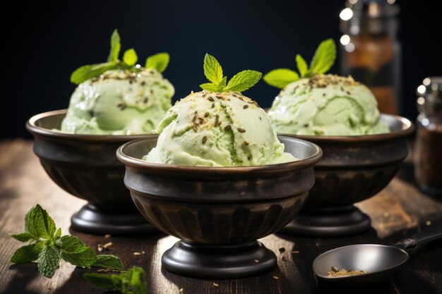 Białe łyżki lodów w glinianym garnku Lody pistacjowe z liściem mięty Porcja lodów