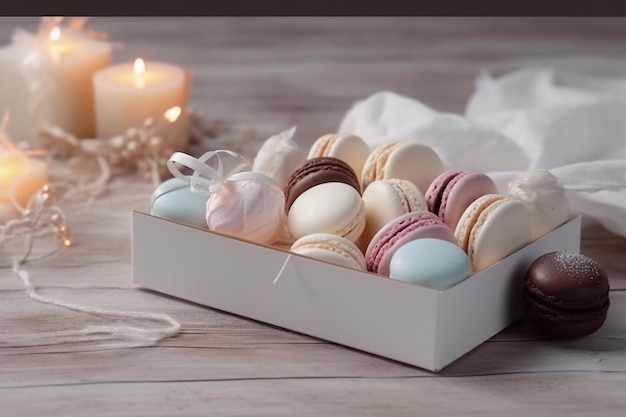 Białe makaroniki w pudełku Gift Macarons Generative AI