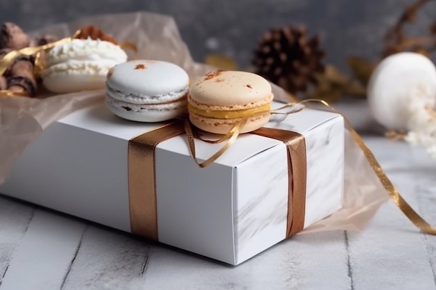Białe makaroniki w pudełku Gift Macarons Generative AI