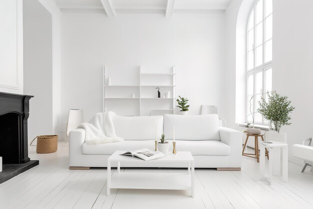 Białe minimalistyczne wnętrze salonu z sofą na drewnianej podłodze deco Generative AI