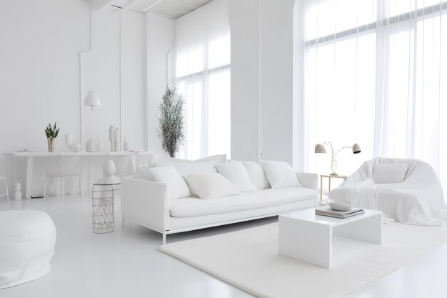 Zdjęcie białe minimalistyczne wnętrze salonu z sofą na drewnianej podłodze deco generative ai