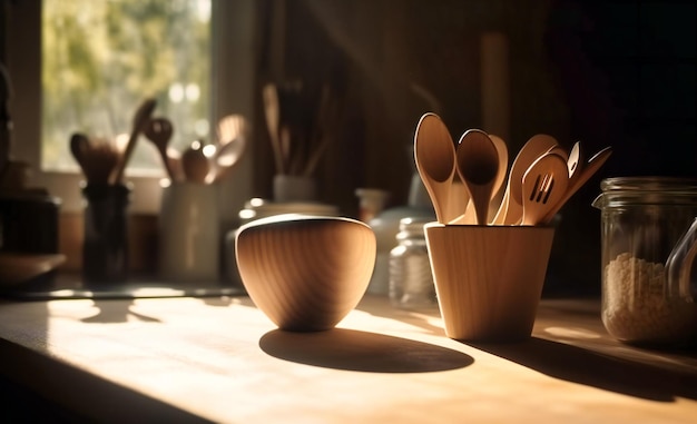Zdjęcie białe naczynia do gotowania na drewnianym stole w ciemnym pokoju ze światłem słonecznym