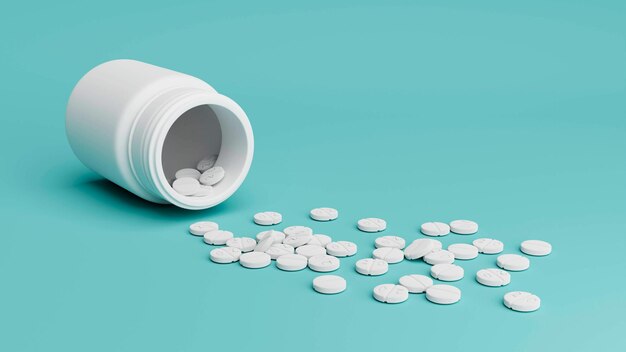 Zdjęcie białe pigułki z plastikowej butelki z lekami na zielonym tle z przestrzenią do kopiowania lek i zdrowie