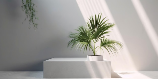 Białe podium ekspozycyjne z naturalnymi liśćmi palmowymi Generative AI