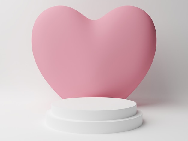 Białe podium w kształcie koła z różowym pastelowym sercem z białym stołem. Koncepcja Walentynki. Ilustracja renderowania 3D