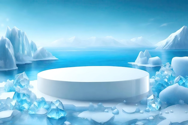 Białe podium z kryształkami lodu i górami lodowymi