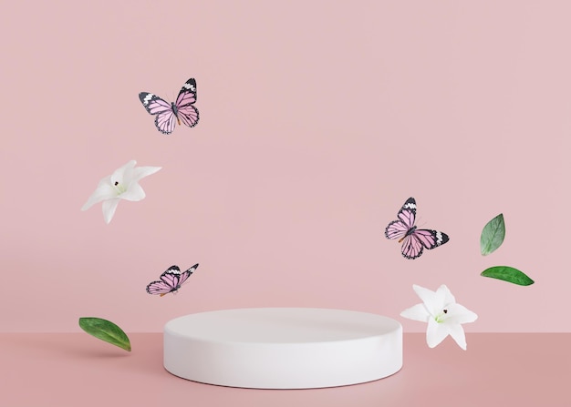 Białe podium z latającymi kwiatami i motylami Dzień Kobiet Dzień Matki Scena platformy do prezentacji produktów kosmetycznych Makieta Prezentacja wyświetlacza Renderowanie 3D
