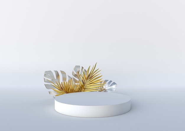Białe podium ze złotymi i srebrnymi tropikalnymi liśćmi na białym tle Podium dla produktu