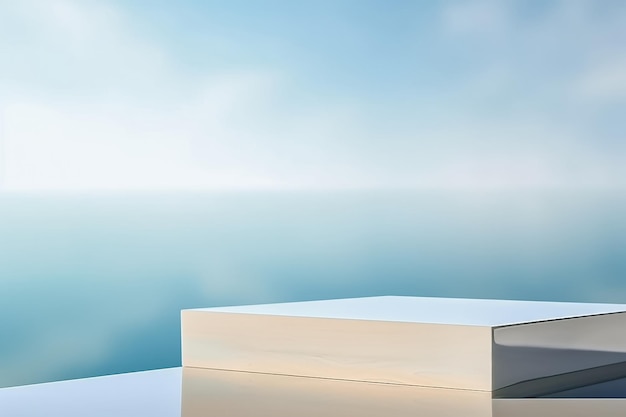 Białe podium znajduje się na stole przed generatywną sztuczną inteligencją błękitnego nieba