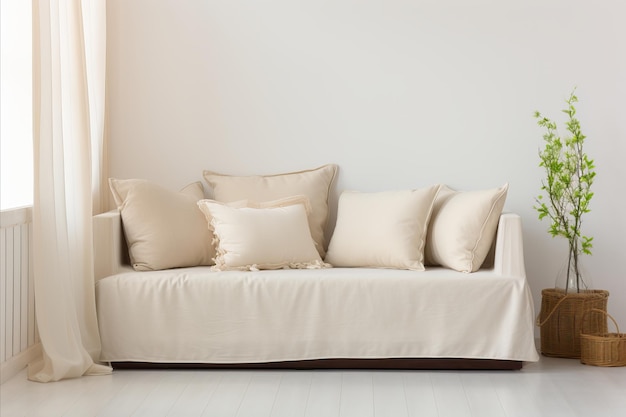 Zdjęcie białe poduszki sofowe i kremowe koce w nowoczesnym wnętrzu