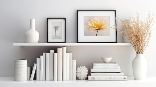 Białe półki z białymi książkami i wystrojem jasne białe wnętrze salonu lub szafki w domu stylowy i przytulny design w minimalistycznym stylu Generative Ai