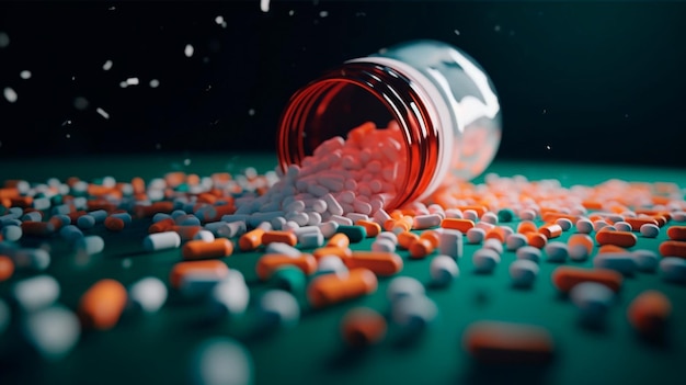 Białe pomarańczowo-różowe pigułki wypadające z butelki na podłodze na ciemnym szmaragdowym tle Białe pigułki medyczne i tabletki wylewające się z butelky leku kopiować przestrzeń Generatywny ilustrator AI