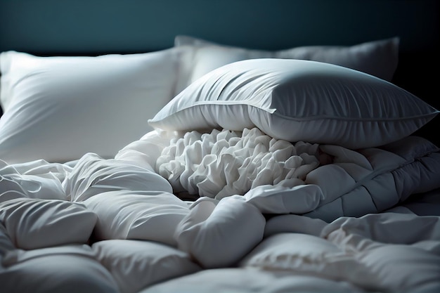Białe prześcieradła i poduszka tło brudny łóżko koncepcjagenerative ai