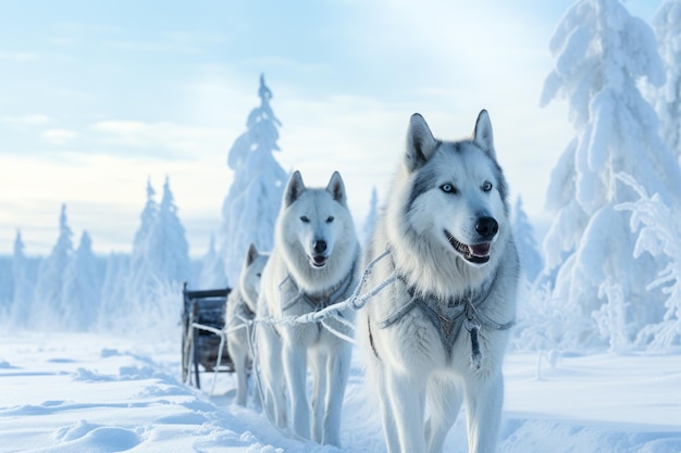 Białe psy ciągną sanie przez śnieżny las