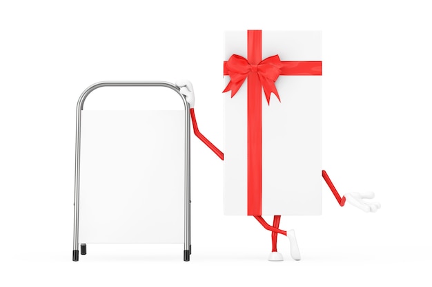 Białe pudełko i czerwona wstążka charakter maskotka z białym pusty stojak promocyjny reklama na białym tle. Renderowanie 3D