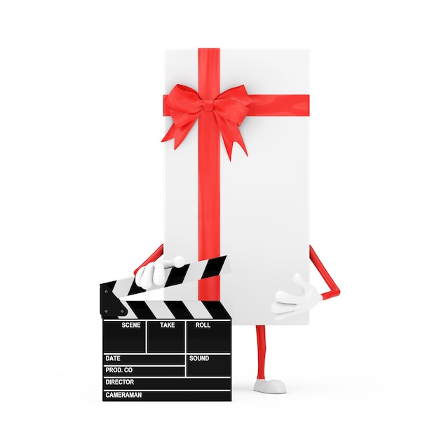 Białe Pudełko I Czerwona Wstążka Charakter Maskotka Z Movie Clapper Board Na Białym Tle. Renderowanie 3d