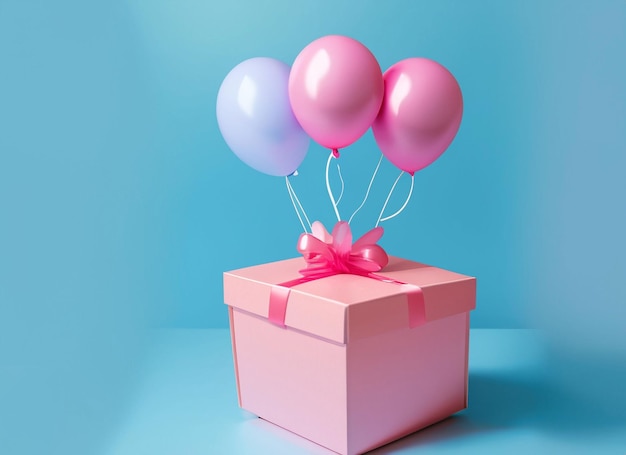 Białe pudełko z niebieską wstążką i balonem na różowym tle minimalna koncepcja nowego roku świątecznego