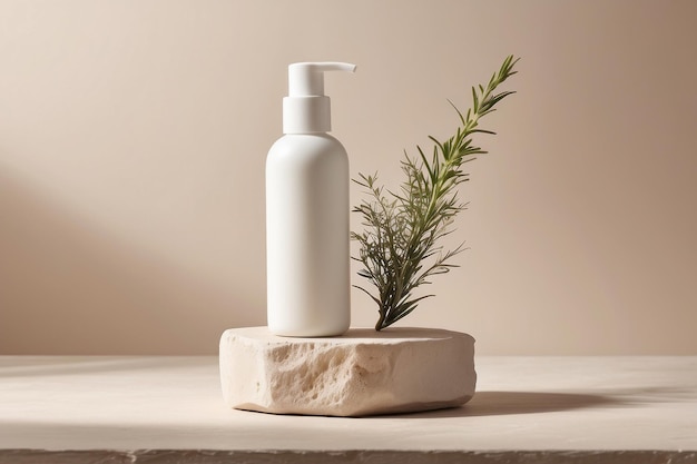Zdjęcie białe puste butelki kosmetyczne suszone zioła na kamiennych podium naturalna pielęgnacja skóry