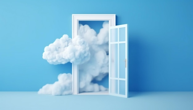 Białe puszyste chmury przechodzące przez latające otwarte obiekty drzwi izolowane na niebieskim tle