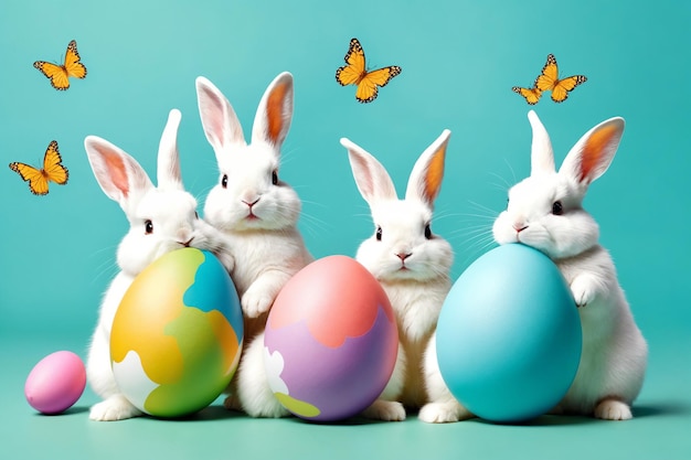 Zdjęcie białe puszyste króliki siedzą na kolorowym tle obok jajek, wielkanocne króliky na kolorowych tle