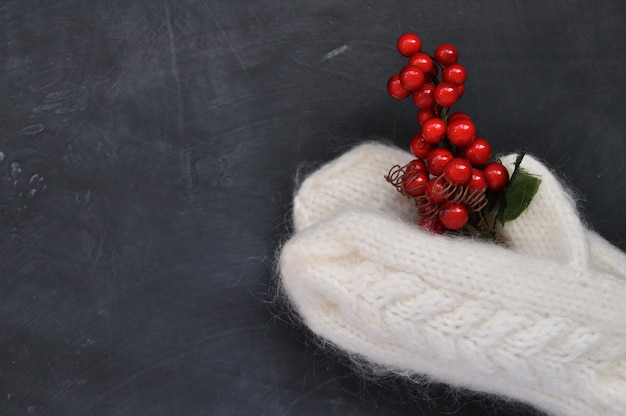 Białe Rękawiczki Z Dzianiny Trzymają Gałązkę Czerwonych Jagód Holly Na Ciemności.
