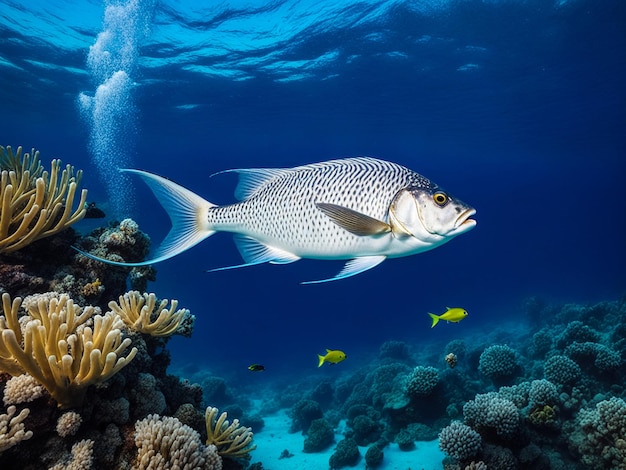 Białe ryby pływające w niebieskiej wodzie oceanu tropikalnej pod wodą Podwodna przygoda nurkowania na Malediwach Ryby w podwodnym świecie dzikich zwierząt Obserwacja dzikiej przyrody Oceanu Indyjskiego Kopiuj przestrzeń tekstową