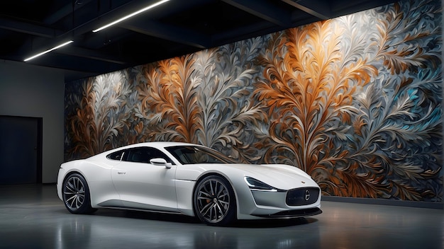 Białe samochody w salonie wystawowym koncepcja modelu 3d rendering i ilustracja