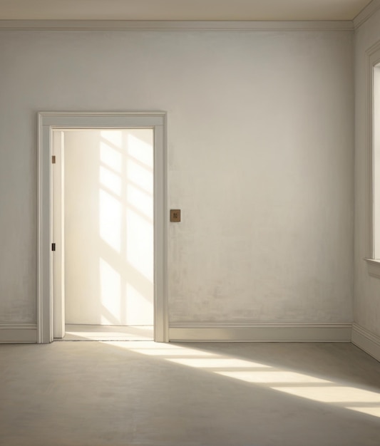 Białe ściany w małym pokoju z białymi drzwiami