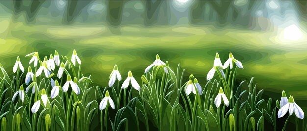 Białe śnieżne kwiaty wielkanocne ze świeżymi zielonymi liśćmi w wiosennym lesie słonecznym Delikatne przebiśniegi Pierwszy kwiat