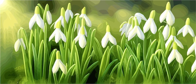 Białe śnieżne kwiaty wielkanocne ze świeżymi zielonymi liśćmi w wiosennym lesie słonecznym Delikatne przebiśniegi Pierwszy kwiat
