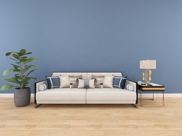Zdjęcie białe sofy i chloroplastida na pustym jasnoniebieskim tle ściany