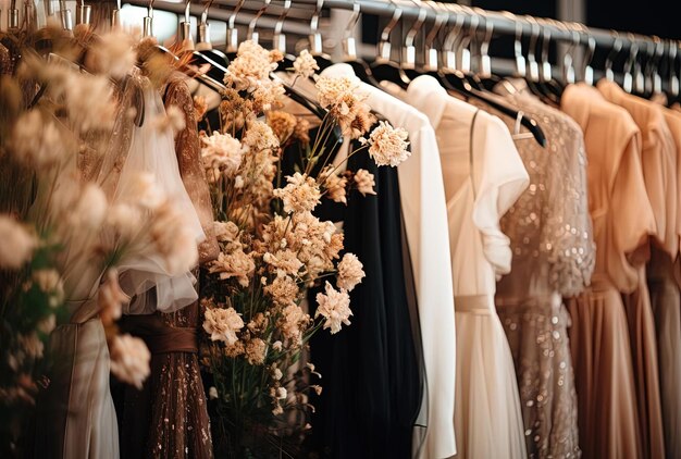 białe suknie czarne i różowe ubrania na regałach w szafie z kwiatami