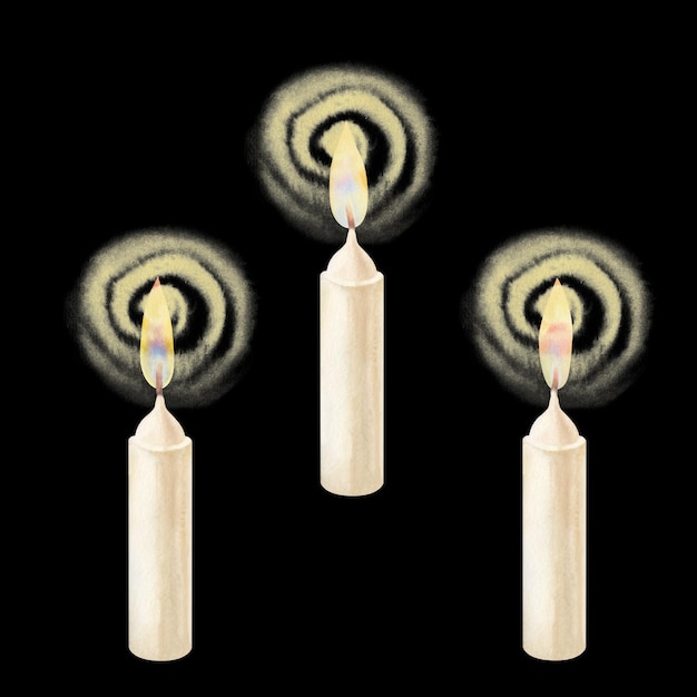Zdjęcie białe świece akwarelowe z płomieniem gałęzi sosny na boże narodzenie świece ślubne urodziny wielkanoc
