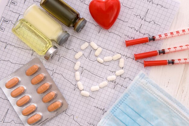 Białe tabletki na kardiogramie z lekami i strzykawkami