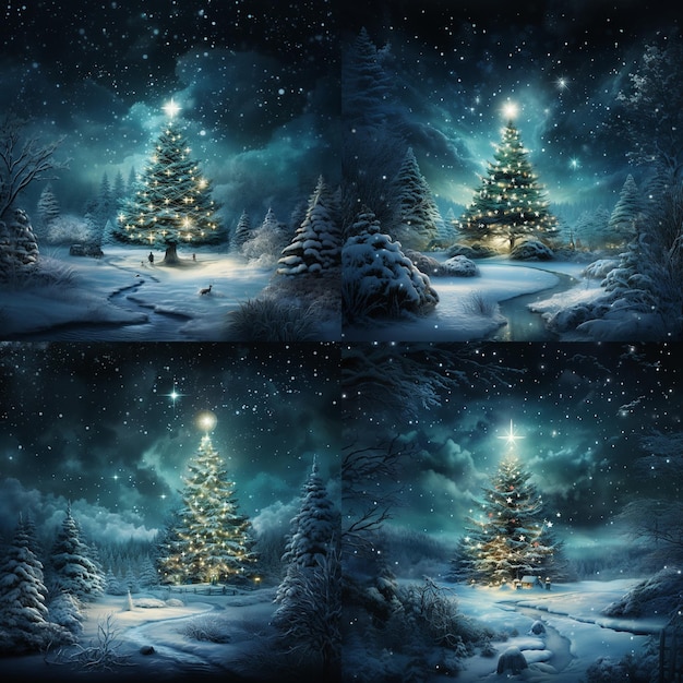 Białe tło drzewo bożonarodzeniowe światło księżycowe śnieg świąteczne światła zima kraj cudów