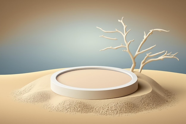 Białe tło piasku plaży z okrągłym beżowym podium platformy, które jest puste
