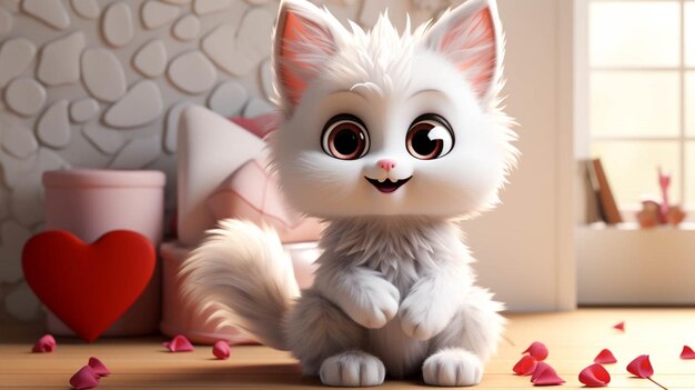 Zdjęcie białe tło słodki biały kot trzymający duże czerwone serce valentine'a