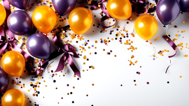 Białe tło uroczystości z fioletowymi i żółtymi balonami, prezentami i konfetti Miejsce na tekst pustej przestrzeni