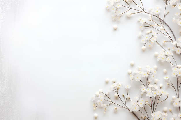 Białe tło z białymi kwiatami i przestrzenią do kopiowania
