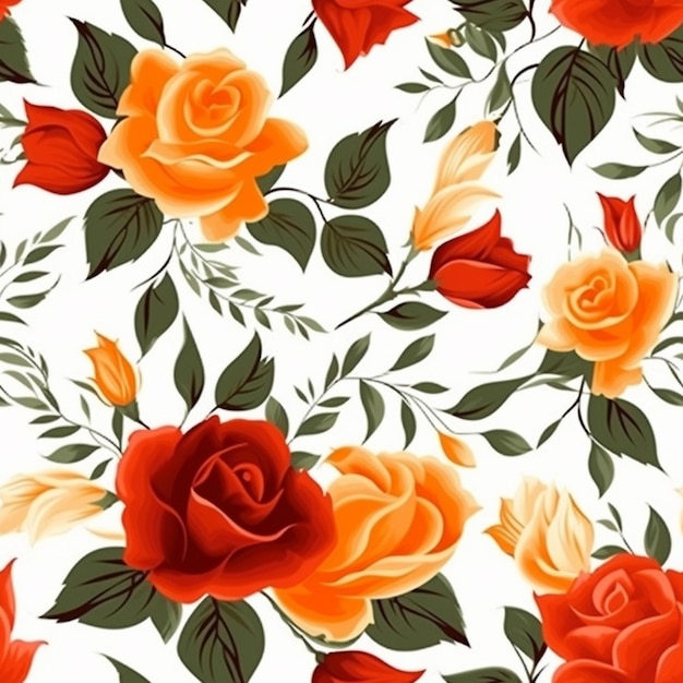 białe tło z pomarańczowymi i czerwonymi różami i liśćmi generatywnymi