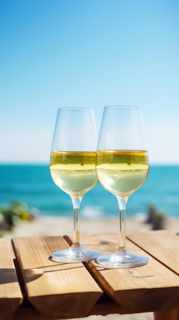 Białe wino na tle letniego morza AI generatywne
