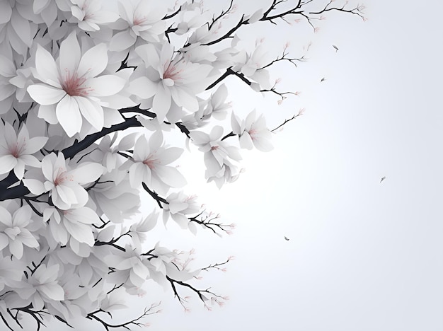 Białe wiosenne tło z kwiatami i kwitnącym drzewem ai generatywnym