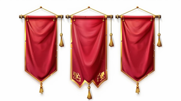 Zdjęcie białe wiszące banery zestaw makiety z czerwonymi flagami złote czapki wypukłe ostro i podwójne krawędzie średniowieczne heraldyczne szablony sztandary płótna 3d nowoczesny odizolowany zestaw realistycznych ikon 3d