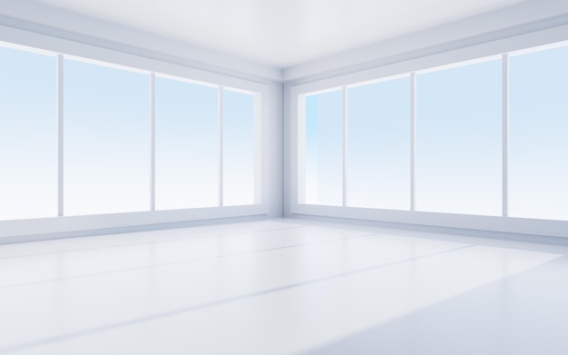 Białe wnętrze budynku z systemem Windows renderowania 3d Cyfrowy rysunek