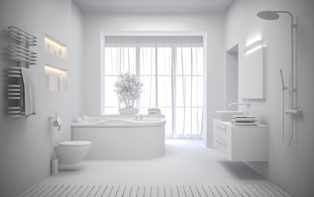 Białe wnętrze nowoczesnej łazienki renderowania 3D