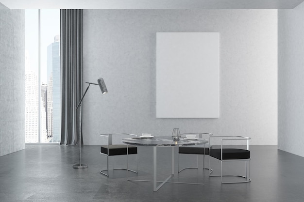 Białe wnętrze poczekalni z betonową podłogą, wąskim oknem, okrągłym stołem i trzema krzesłami. Plakat. Makieta renderowania 3D