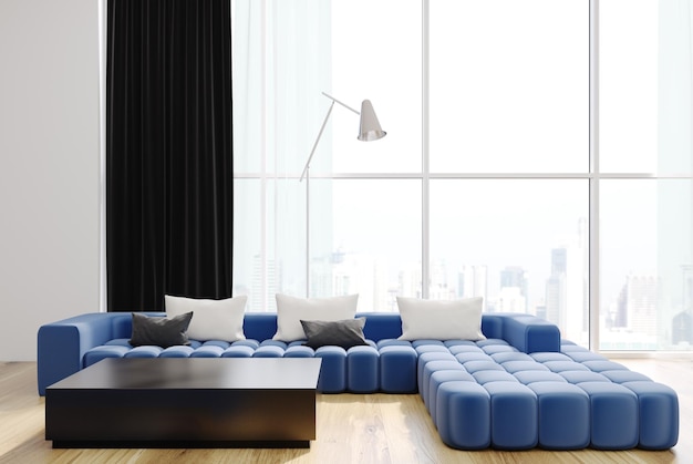 Białe wnętrze salonu z długą niebieską sofą, kwadratowym stolikiem kawowym i dużym oknem. Makieta renderowania 3D