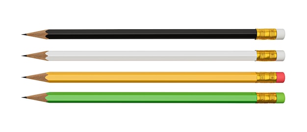 Zdjęcie białe żółte zielone i czarne ołówki na białym tle makiety ilustracji 3d